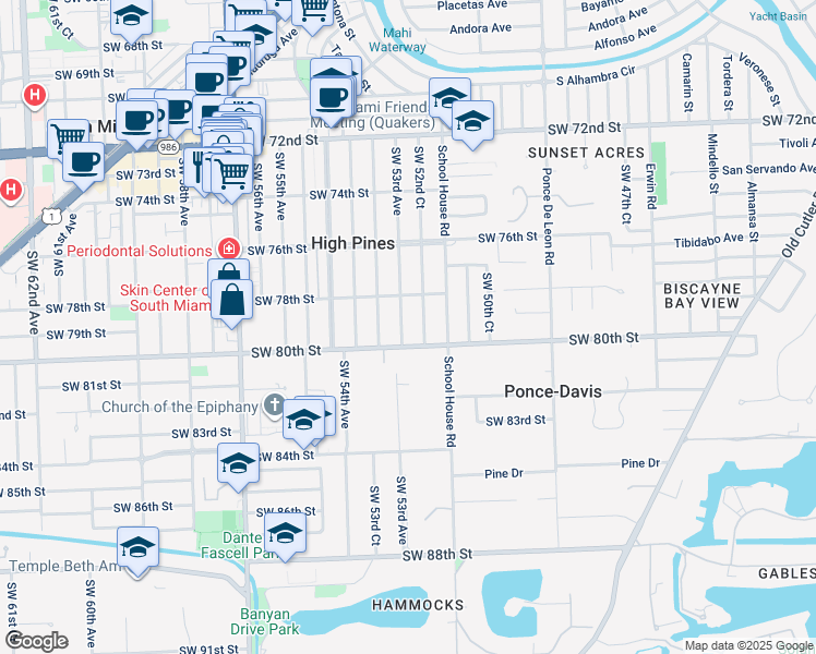 map of restaurants, bars, coffee shops, grocery stores, and more near 7925 Southwest 53rd Avenue in Miami