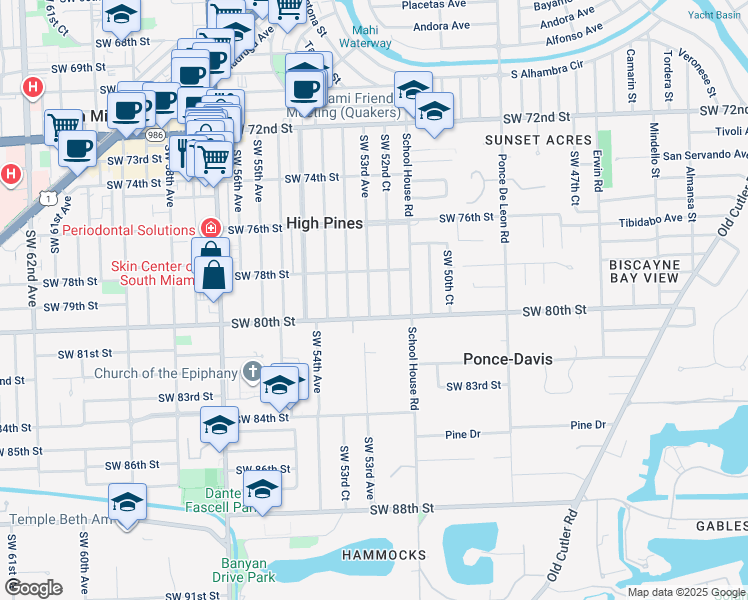 map of restaurants, bars, coffee shops, grocery stores, and more near 7925 Southwest 53rd Avenue in Miami
