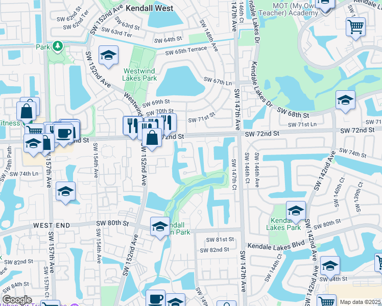 map of restaurants, bars, coffee shops, grocery stores, and more near 7420 SW 149th Ct in Miami