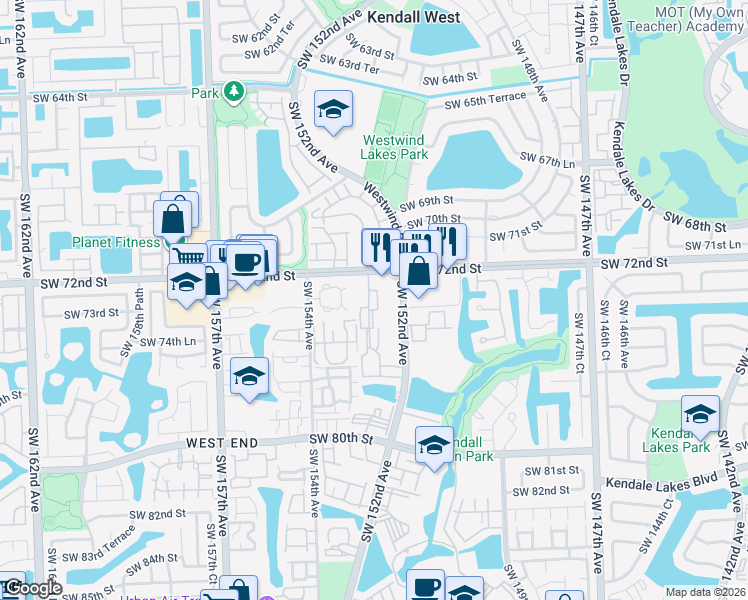 map of restaurants, bars, coffee shops, grocery stores, and more near 15331 Southwest 73rd Terrace Circle in Miami