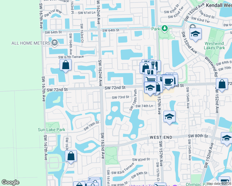 map of restaurants, bars, coffee shops, grocery stores, and more near 16070 Southwest 72nd Terrace in Miami
