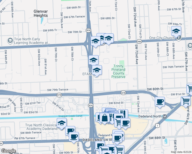 map of restaurants, bars, coffee shops, grocery stores, and more near 7701 Southwest 76th Avenue in Miami