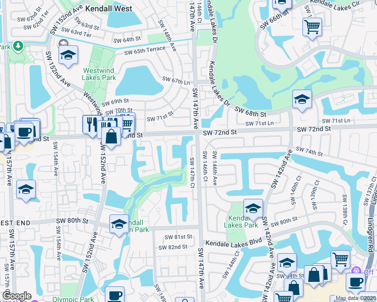 map of restaurants, bars, coffee shops, grocery stores, and more near 7400 Southwest 147th Court in Miami