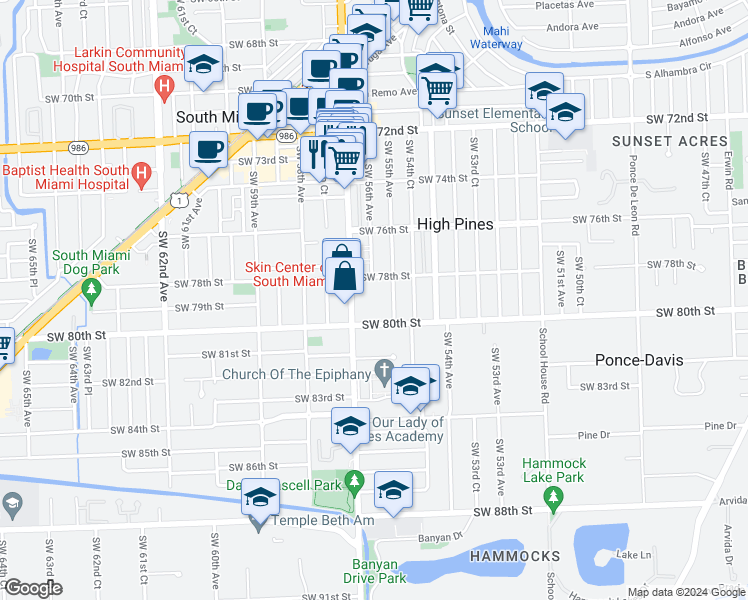 map of restaurants, bars, coffee shops, grocery stores, and more near 7905 Southwest 57th Avenue in South Miami