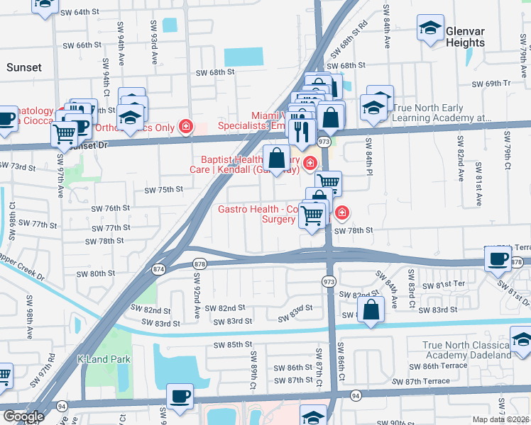 map of restaurants, bars, coffee shops, grocery stores, and more near 8845 Southwest 76th Terrace in Miami