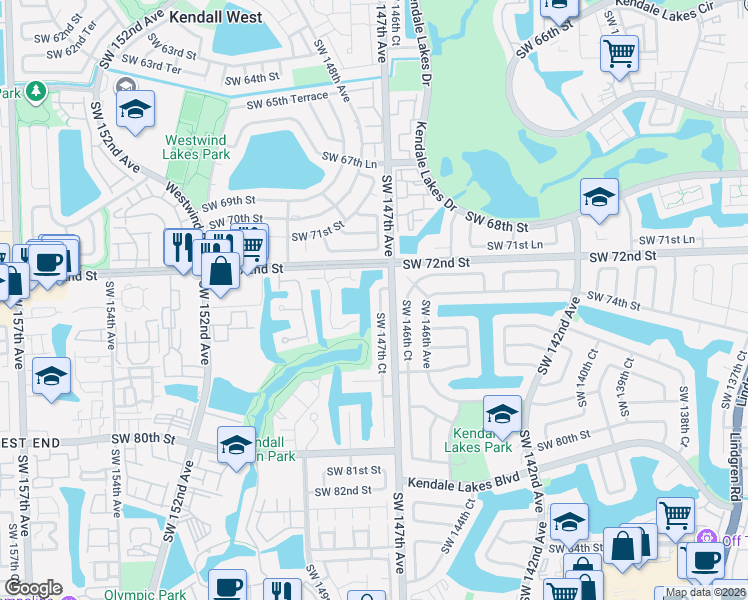 map of restaurants, bars, coffee shops, grocery stores, and more near 7400 Southwest 147th Court in Miami