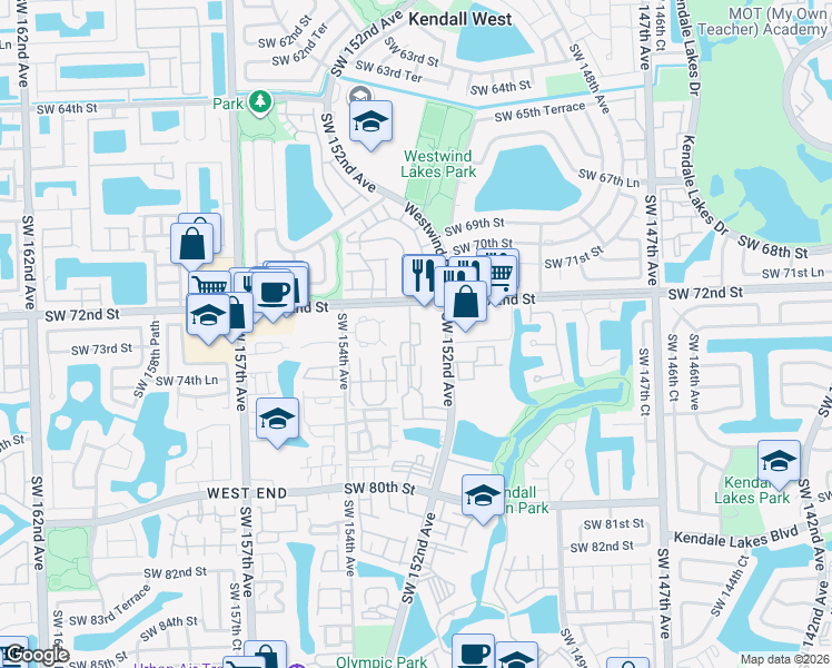 map of restaurants, bars, coffee shops, grocery stores, and more near 15331 Southwest 73rd Terrace Circle in Miami