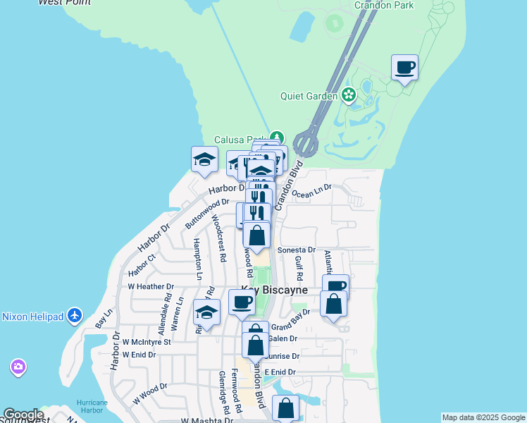 map of restaurants, bars, coffee shops, grocery stores, and more near 104 Crandon Boulevard in Key Biscayne