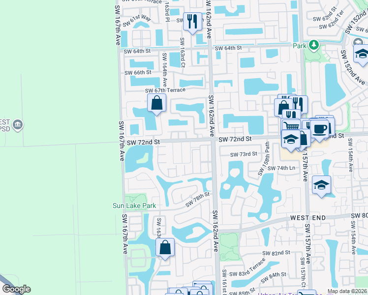 map of restaurants, bars, coffee shops, grocery stores, and more near 7241 Southwest 163rd Court in Miami