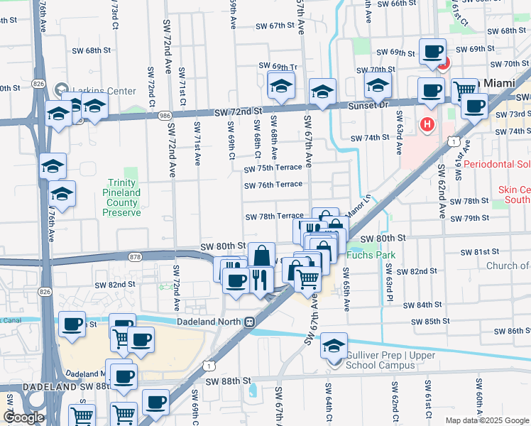 map of restaurants, bars, coffee shops, grocery stores, and more near 6831 Southwest 78th Terrace in South Miami