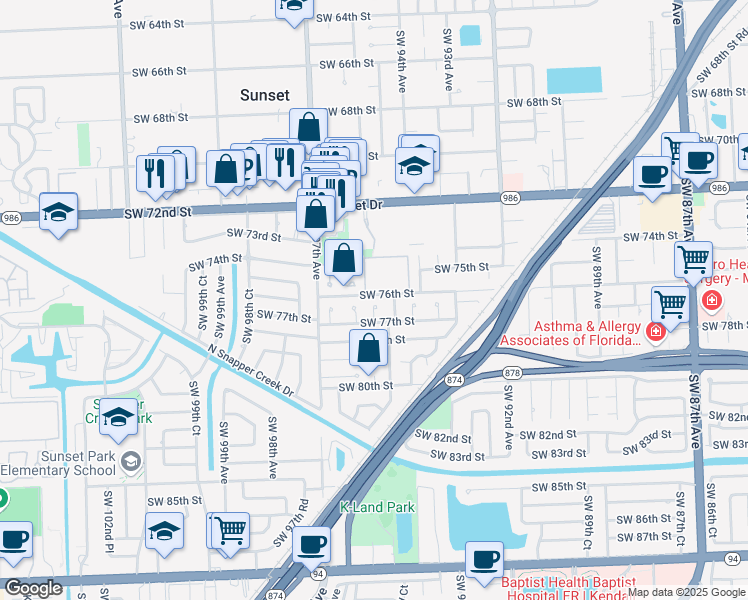 map of restaurants, bars, coffee shops, grocery stores, and more near 7611 Southwest 95th Avenue in Miami