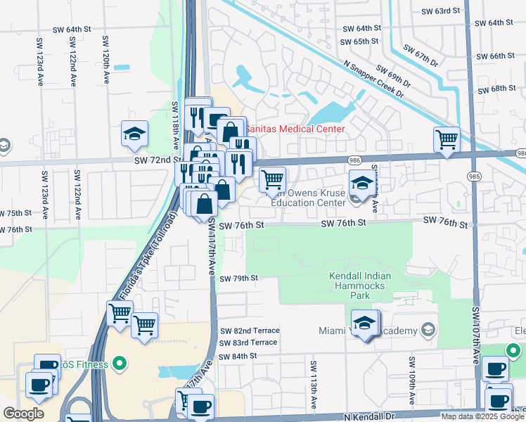 map of restaurants, bars, coffee shops, grocery stores, and more near 11448 Southwest 74th Terrace in Miami