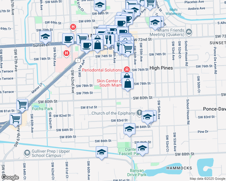 map of restaurants, bars, coffee shops, grocery stores, and more near 7830 Southwest 58th Avenue in South Miami