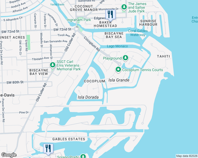 map of restaurants, bars, coffee shops, grocery stores, and more near 245 Costanera Road in Coral Gables