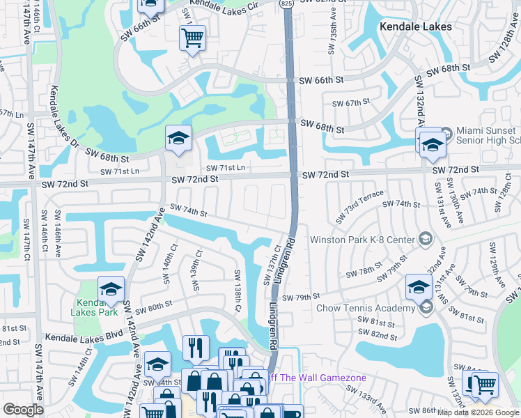 map of restaurants, bars, coffee shops, grocery stores, and more near 7283 Southwest 138th Court in Miami