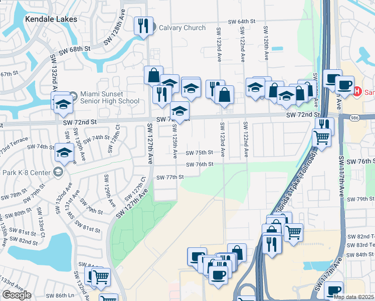 map of restaurants, bars, coffee shops, grocery stores, and more near 7480 South West 124th Court in Miami