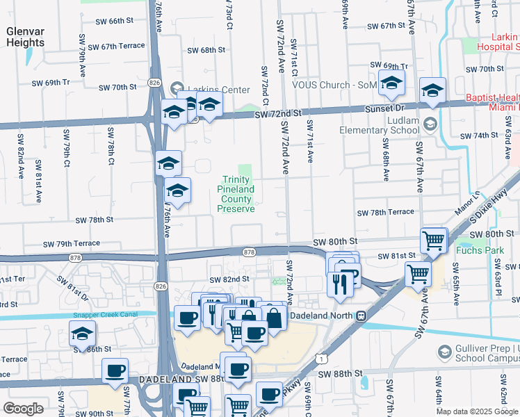 map of restaurants, bars, coffee shops, grocery stores, and more near 7290 Southwest 77th Terrace in Miami