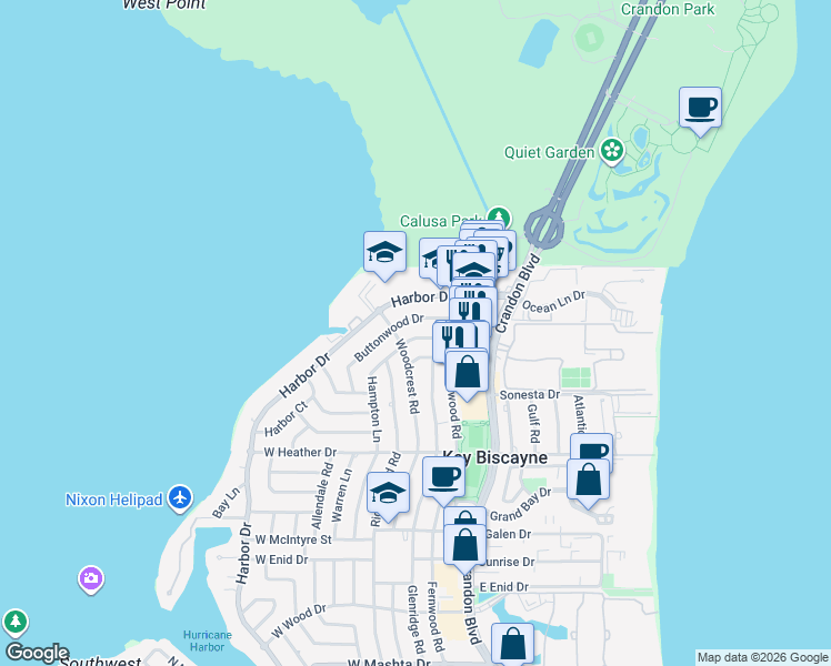 map of restaurants, bars, coffee shops, grocery stores, and more near 165 Hampton Lane in Key Biscayne