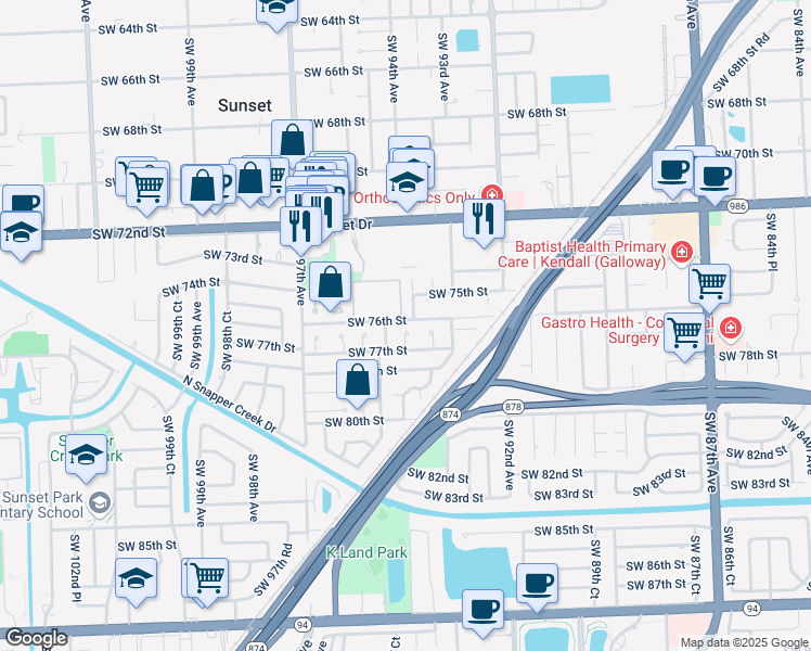 map of restaurants, bars, coffee shops, grocery stores, and more near 7615 Southwest 93rd Place in Miami