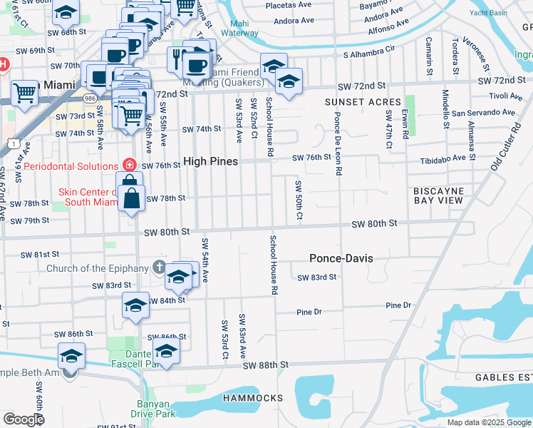 map of restaurants, bars, coffee shops, grocery stores, and more near 7910 School House Road in Miami