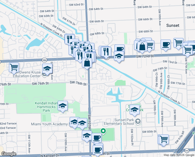 map of restaurants, bars, coffee shops, grocery stores, and more near 7504 Southwest 105th Place in Miami