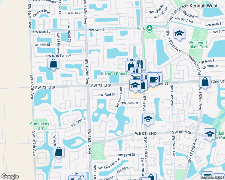 map of restaurants, bars, coffee shops, grocery stores, and more near 15940 Southwest 72nd Terrace in Miami