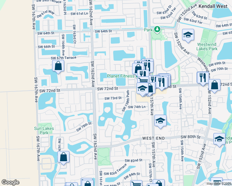 map of restaurants, bars, coffee shops, grocery stores, and more near 15940 Southwest 72nd Terrace in Miami