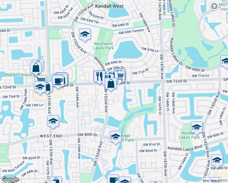 map of restaurants, bars, coffee shops, grocery stores, and more near 15130 Southwest 72nd Street in Miami