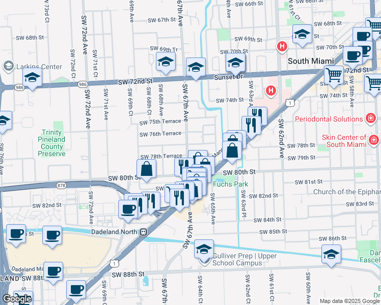 map of restaurants, bars, coffee shops, grocery stores, and more near 7801 Southwest 67th Avenue in South Miami