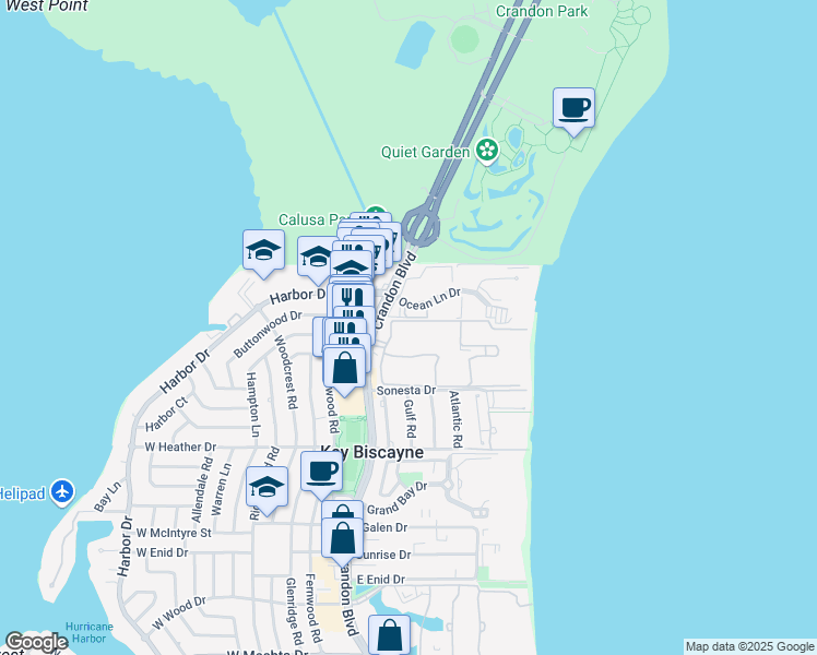 map of restaurants, bars, coffee shops, grocery stores, and more near 101 Crandon Boulevard in Key Biscayne