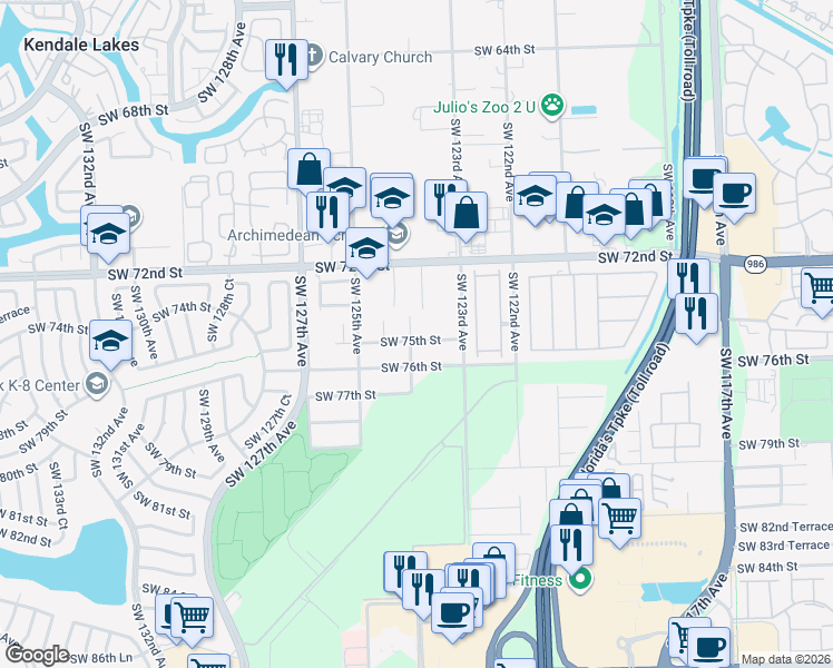 map of restaurants, bars, coffee shops, grocery stores, and more near 12391 Southwest 75th Street in Miami
