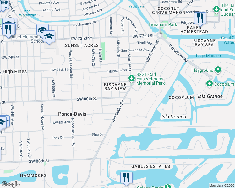 map of restaurants, bars, coffee shops, grocery stores, and more near 7900 Mindello Street in Coral Gables