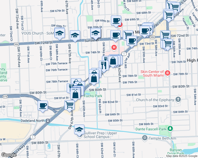 map of restaurants, bars, coffee shops, grocery stores, and more near 6380 South Dixie Highway in South Miami