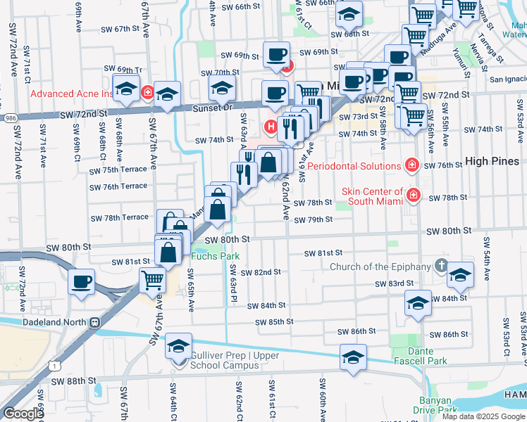 map of restaurants, bars, coffee shops, grocery stores, and more near 6251 Southwest 79th Street in South Miami