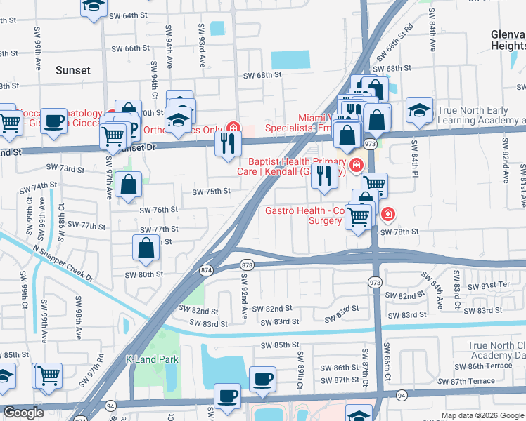 map of restaurants, bars, coffee shops, grocery stores, and more near 7620 Southwest 90th Avenue in Miami