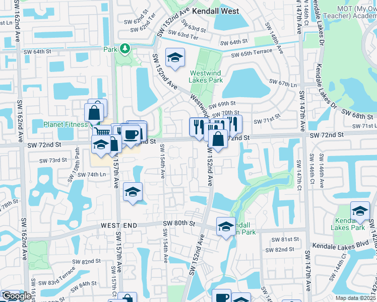 map of restaurants, bars, coffee shops, grocery stores, and more near 15331 Southwest 73rd Terrace Circle in Miami