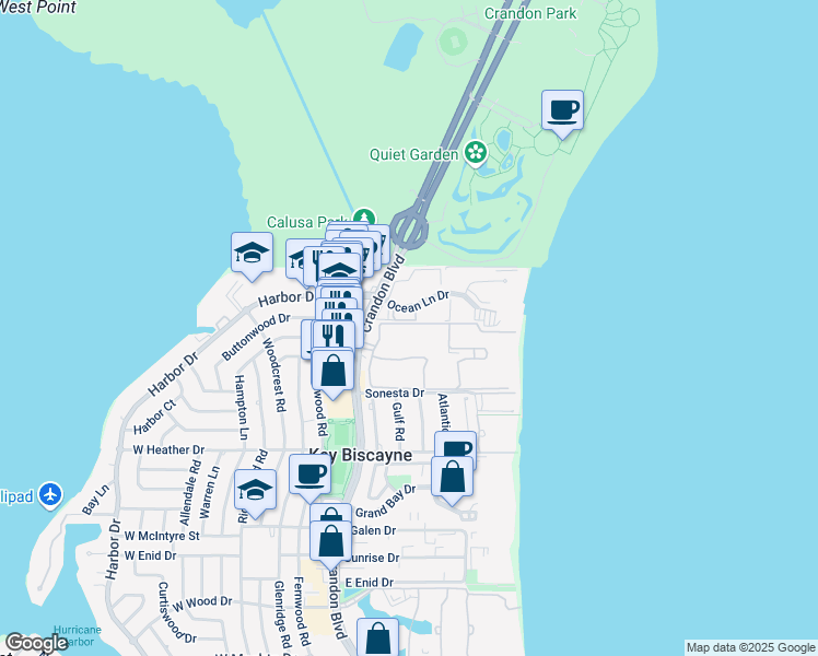 map of restaurants, bars, coffee shops, grocery stores, and more near 101 Crandon Boulevard in Key Biscayne