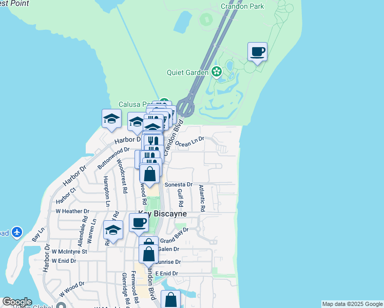 map of restaurants, bars, coffee shops, grocery stores, and more near 181 Crandon Boulevard in Key Biscayne