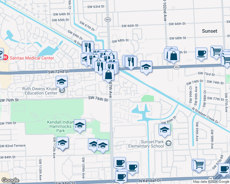 map of restaurants, bars, coffee shops, grocery stores, and more near 10635 Southwest 106th Place in Miami