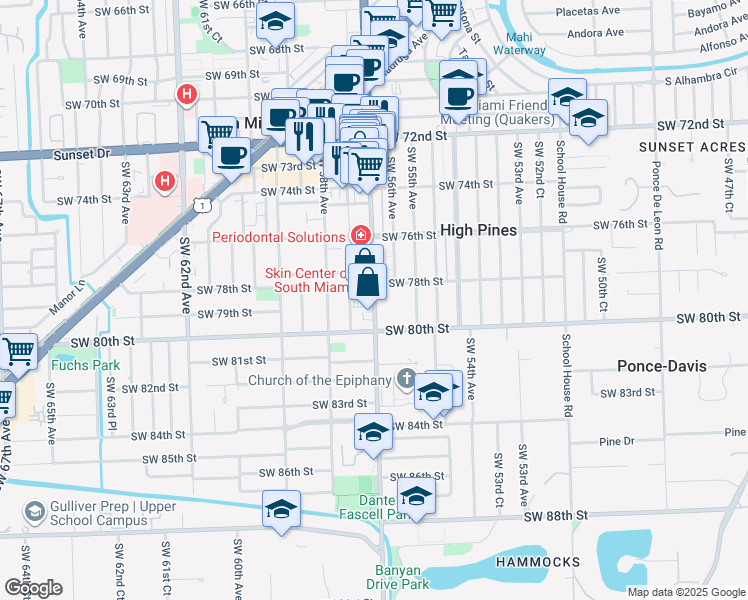 map of restaurants, bars, coffee shops, grocery stores, and more near 7905 Southwest 57th Avenue in South Miami