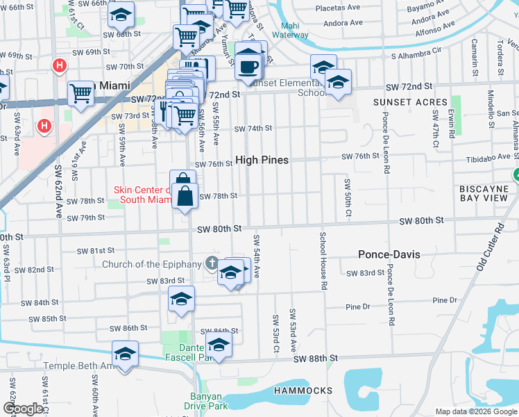 map of restaurants, bars, coffee shops, grocery stores, and more near 7840 Southwest 54th Avenue in Miami