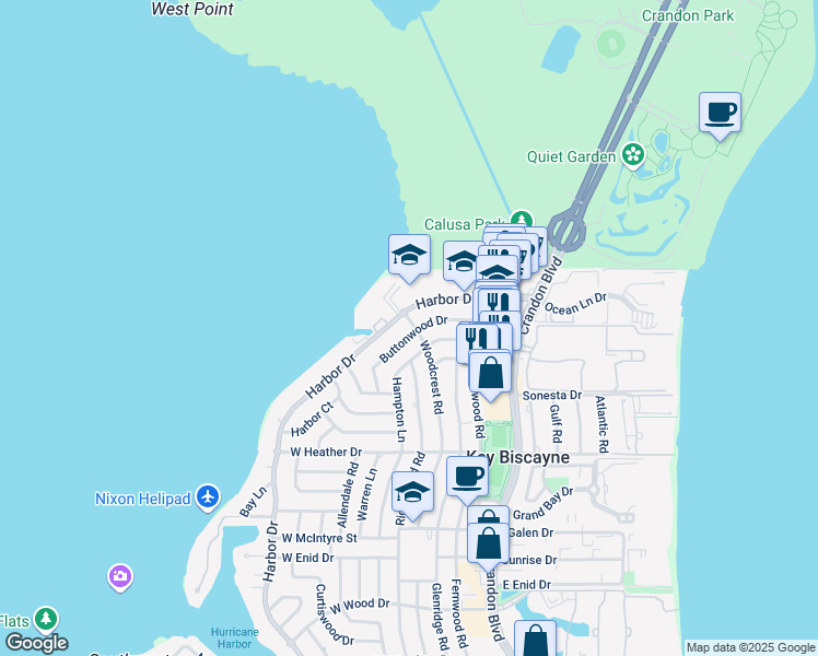 map of restaurants, bars, coffee shops, grocery stores, and more near 215 Buttonwood Drive in Key Biscayne