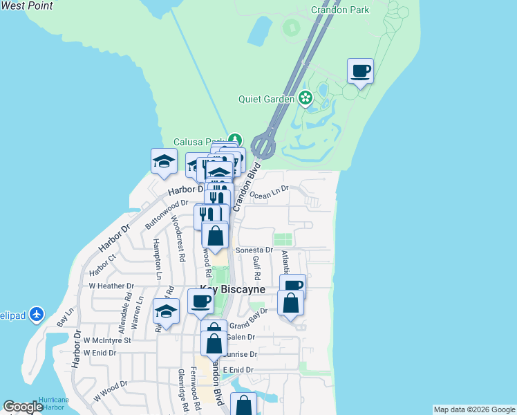 map of restaurants, bars, coffee shops, grocery stores, and more near 101 Crandon Boulevard in Key Biscayne