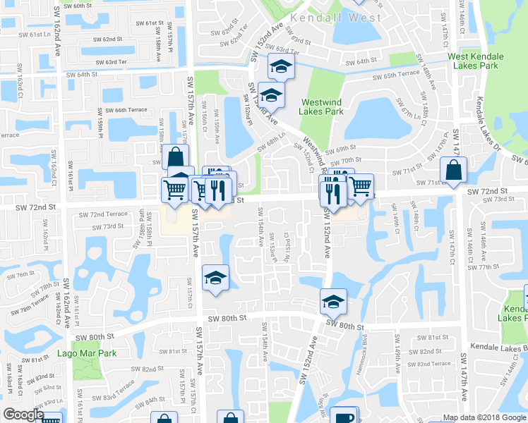 map of restaurants, bars, coffee shops, grocery stores, and more near 15370 Southwest 73rd Terrace Circle in Miami