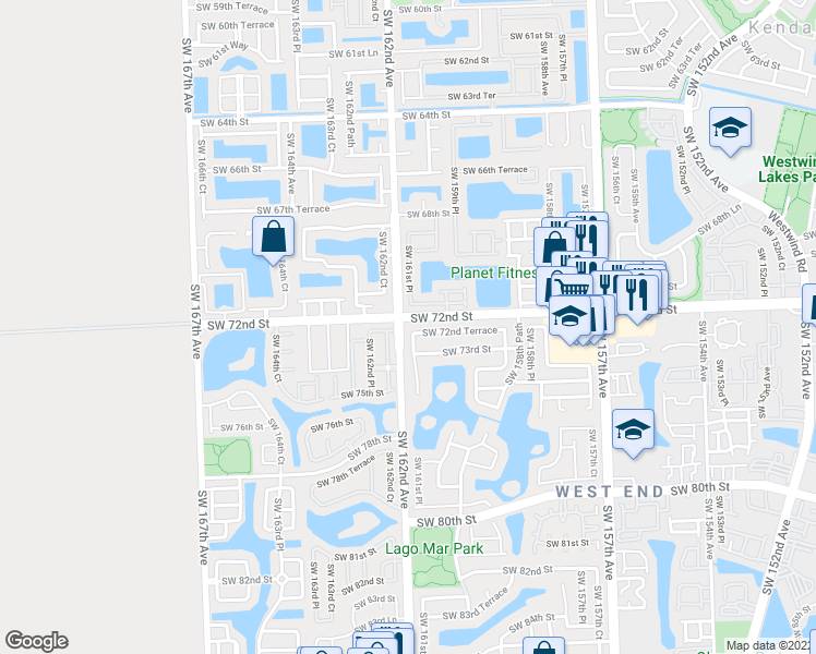 map of restaurants, bars, coffee shops, grocery stores, and more near 16180 Southwest 72nd Terrace in Miami