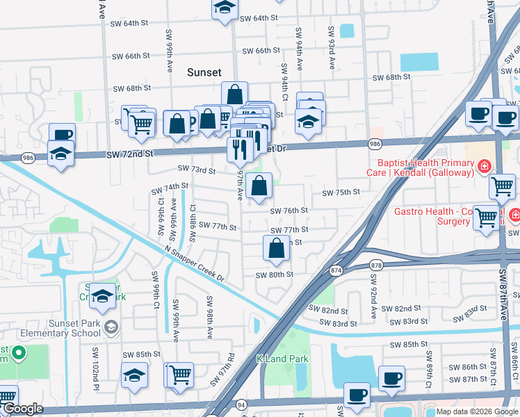 map of restaurants, bars, coffee shops, grocery stores, and more near 7625 Southwest 96th Court in Miami