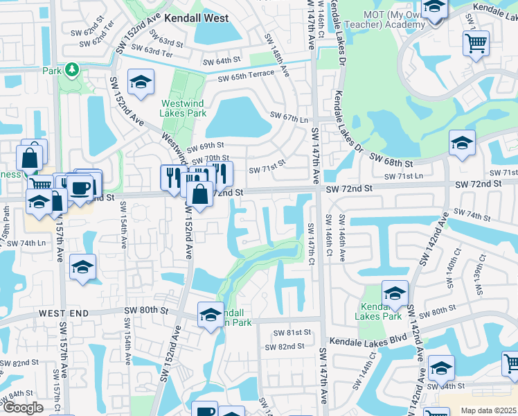 map of restaurants, bars, coffee shops, grocery stores, and more near 7420 Southwest 149th Court in Miami