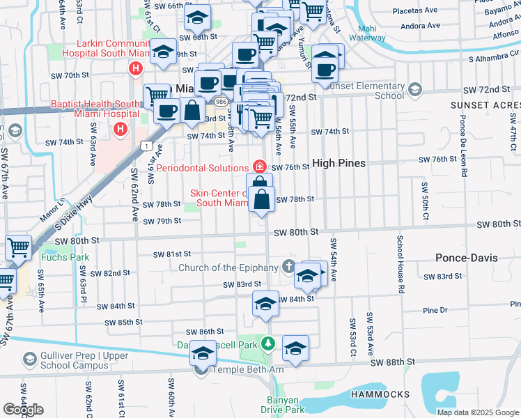 map of restaurants, bars, coffee shops, grocery stores, and more near 7901 Southwest 57th Court in South Miami