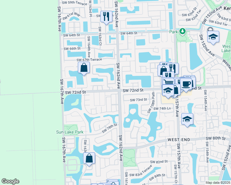 map of restaurants, bars, coffee shops, grocery stores, and more near 7259 Southwest 162nd Place in Miami