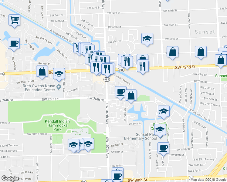 map of restaurants, bars, coffee shops, grocery stores, and more near 10629 Southwest 75th Lane in Miami